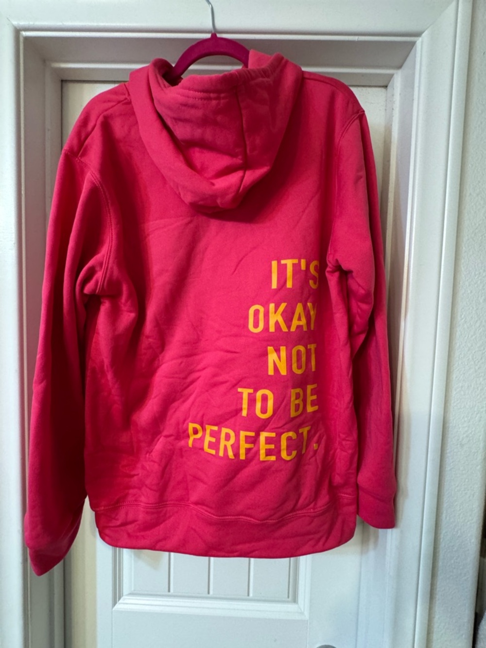 Bright Pink Hoodie with Yellow Text - 'It's Okay Not To Be Perfect'